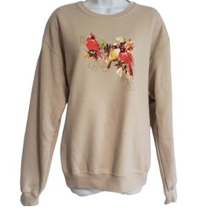 Jerzees Womens Medium Pullover Crewneck Sweatshirt Cardinal Birds Leaves Fall